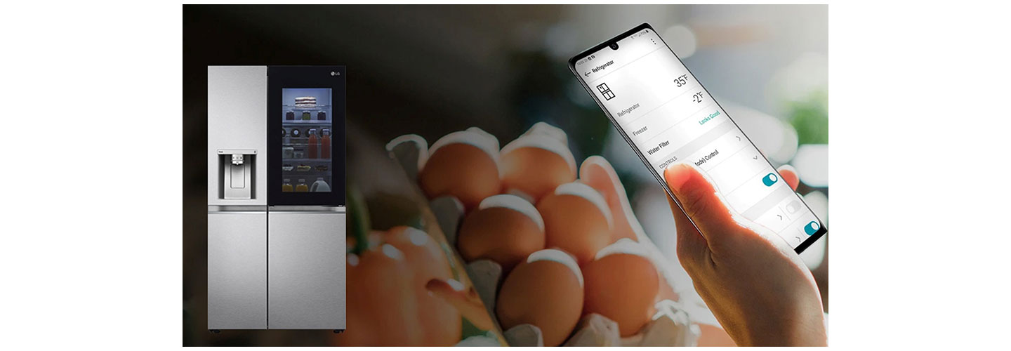 Someone using the LG ThinQ app on their smartphone to monitor the LG InstaView refrigerator, with a box of eggs in the background.