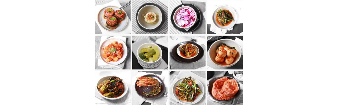 A photo collage of all the different kinds of kimchi – a Korean traditional side dish made from salted, fermented vegetables