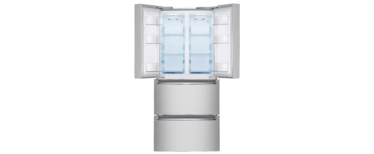 A front view of LG’s kimchi refrigerator in silver with its top doors opened wide to showcase its interior compartments