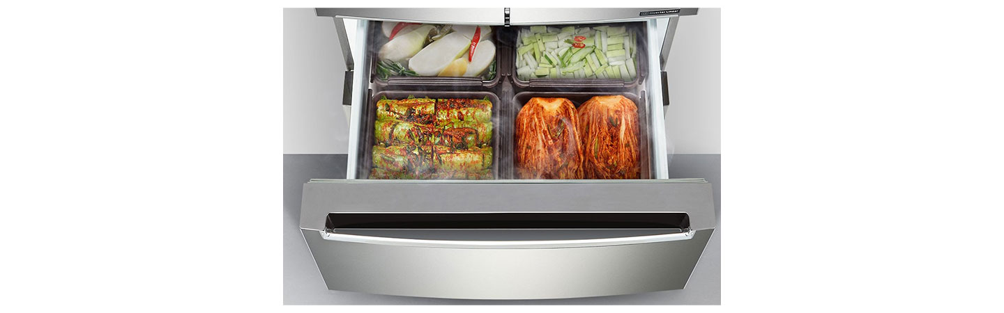 A closer look inside one of the two lower compartments of LG’s kimchi refrigerator, which is storing four large boxes holding four kinds of kimchi