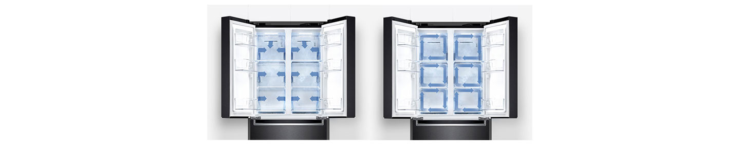 Front view of the top half of LG’s kimchi refrigerator in black with both doors open and arrows illustrating where its control system circulates cold air every 6 minutes through 20 air vents