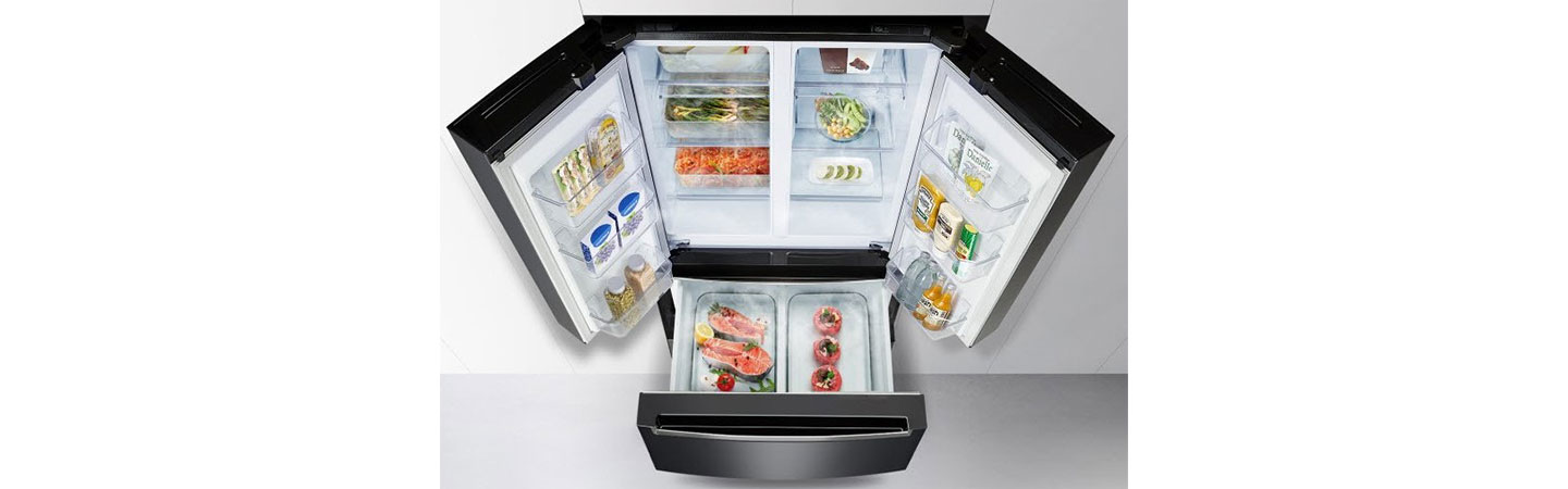 A high view of the LG kimchi refrigerator with all its doors opened and each of its expansive sections filled with diverse foods and drinks