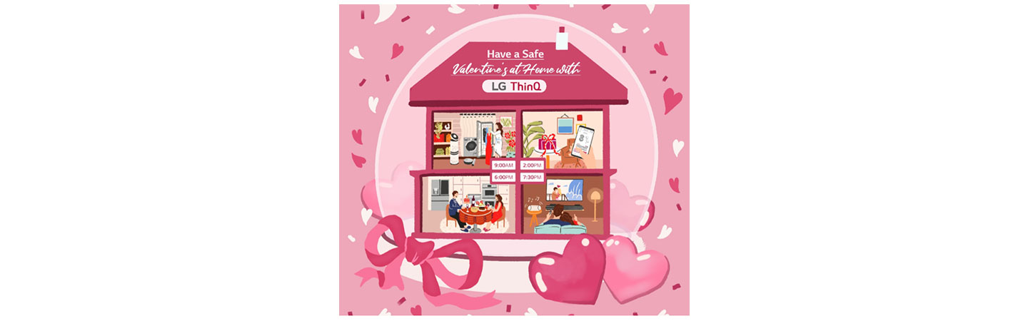 An illustration of a home showing how to spend Valentine's Day with LG's various products.