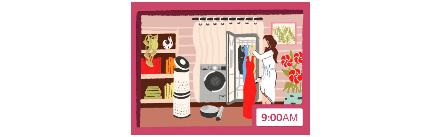 An illustration featuring LG Puricare, an LG washing machine and a woman putting her date clothes inside LG Styler at 9am.