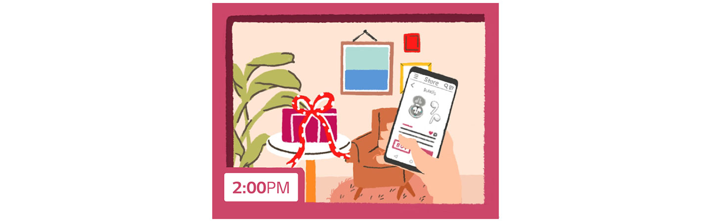 An illustration of someone buying a pair of LG Tone Free earbuds for a Valentine's Day gift at 2pm via the LG ThinQ smartphone app.