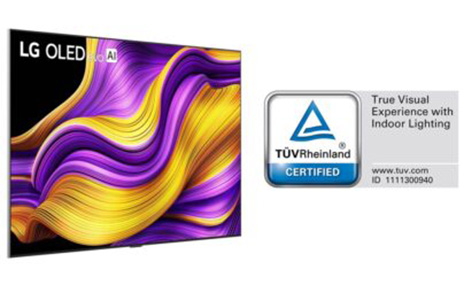 The TÜV Rheinland certification badge for 'True Visual Experience with Indoor Lighting' is displayed next to an LG OLED evo AI TV.