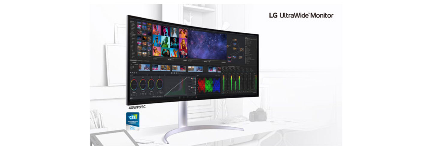 LG UltraWide monitor 40WP95C, a CES Innovation Award Honoree, displaying every video and picture editing tool on one screen