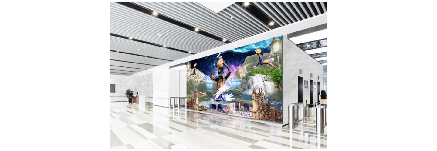 The LG signage display in a lobby presenting the art of Jonathan McCabe