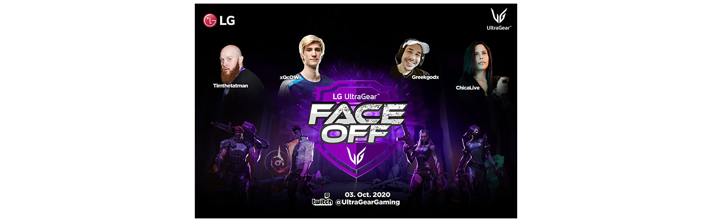 Poster for the LG UltraGear FACE-OFF tournament airing live on October 3 with popular Twitch streamers, TimTheTatman, xQcOW, Greekgodx, and ChicaLive