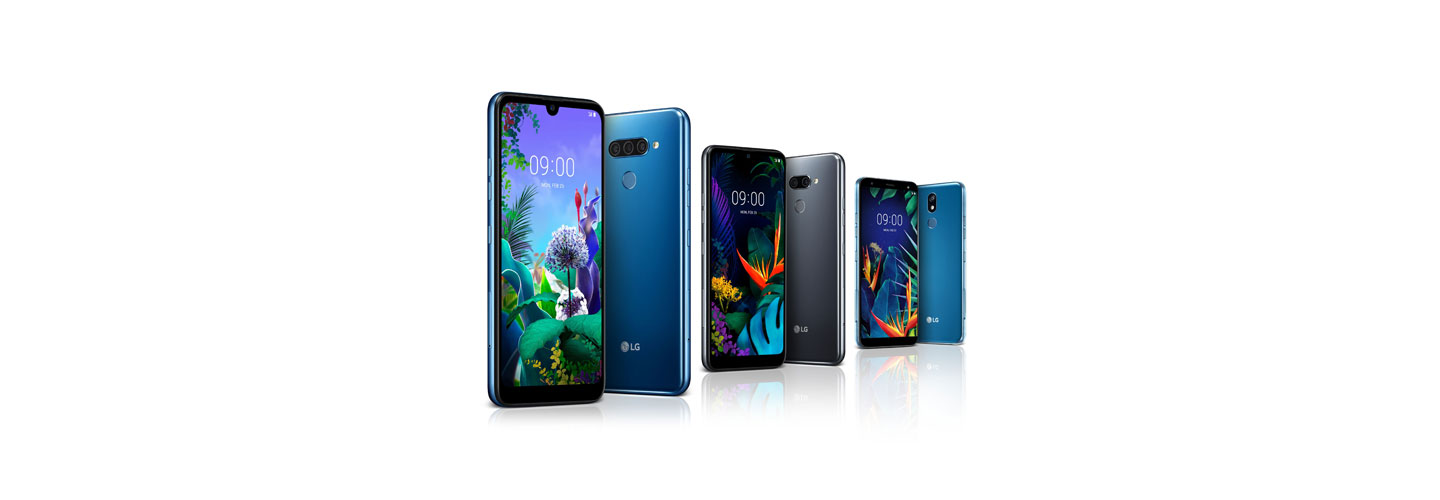 The front and rear view of the LG Q60 in New Moroccan Blue, the LG K50 in New Platinum Gray and LG K40 in New Moroccan Blue