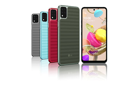 Front and rear view of LG K42 in Gray, Sky Blue, Red and Gray