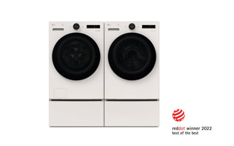 Logo of ‘reddot award 2022 best of the best’ with LG’s washer and dryer with an upgradability option