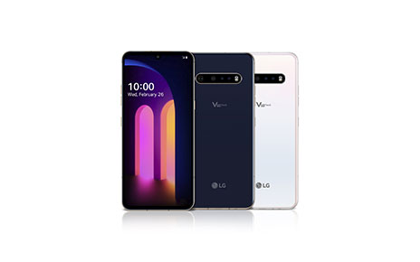 The front and rear view of the LG V60 ThinQ 5G in Classy Blue and Classy White