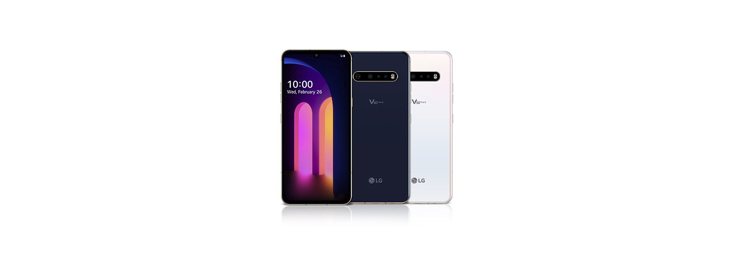 The front and rear view of the LG V60 ThinQ 5G in Classy Blue and Classy White