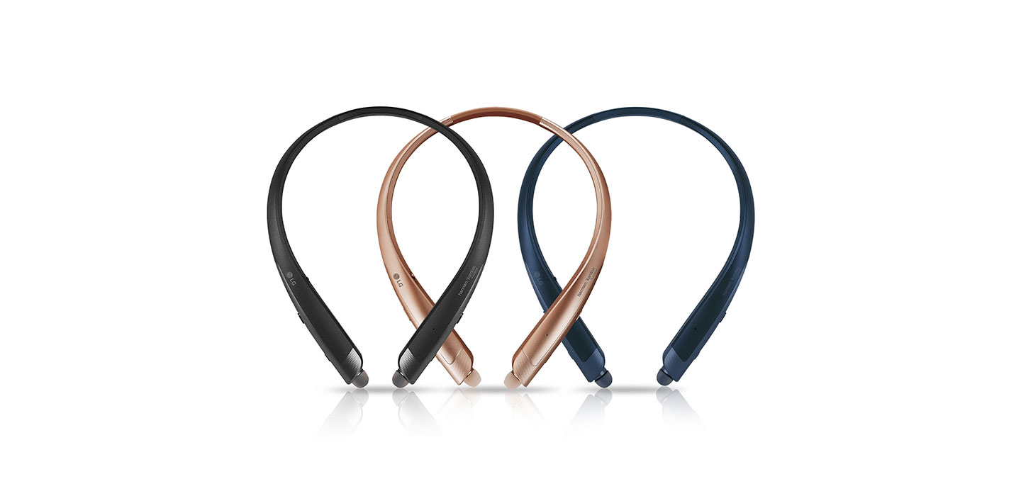 The top view of the LG TONE Platinum SE in Black, Gold and Blue, side-by-side