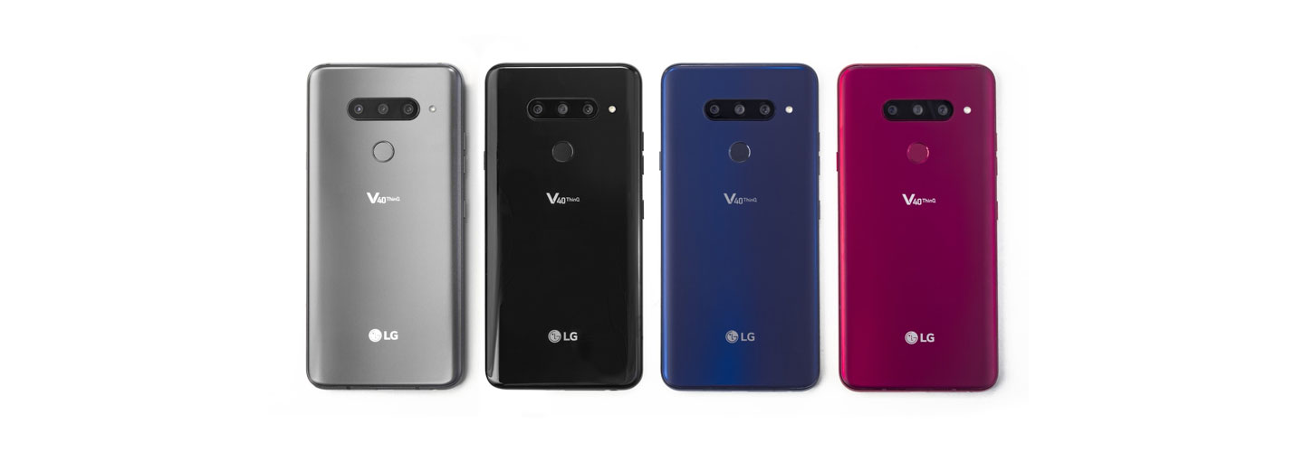 The rear view of the LG V40 ThinQ in New Platinum Gray, New Aurora Black, New Moroccan Blue and Carmine Red, side-by-side