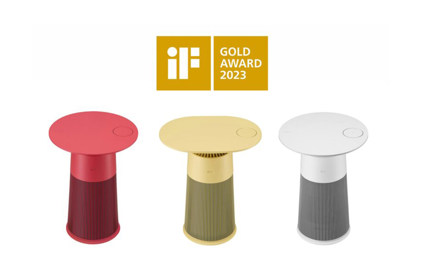 LG Aero Furniture in three different colors with iF Design Award's Gold Award 2023 logo on the top