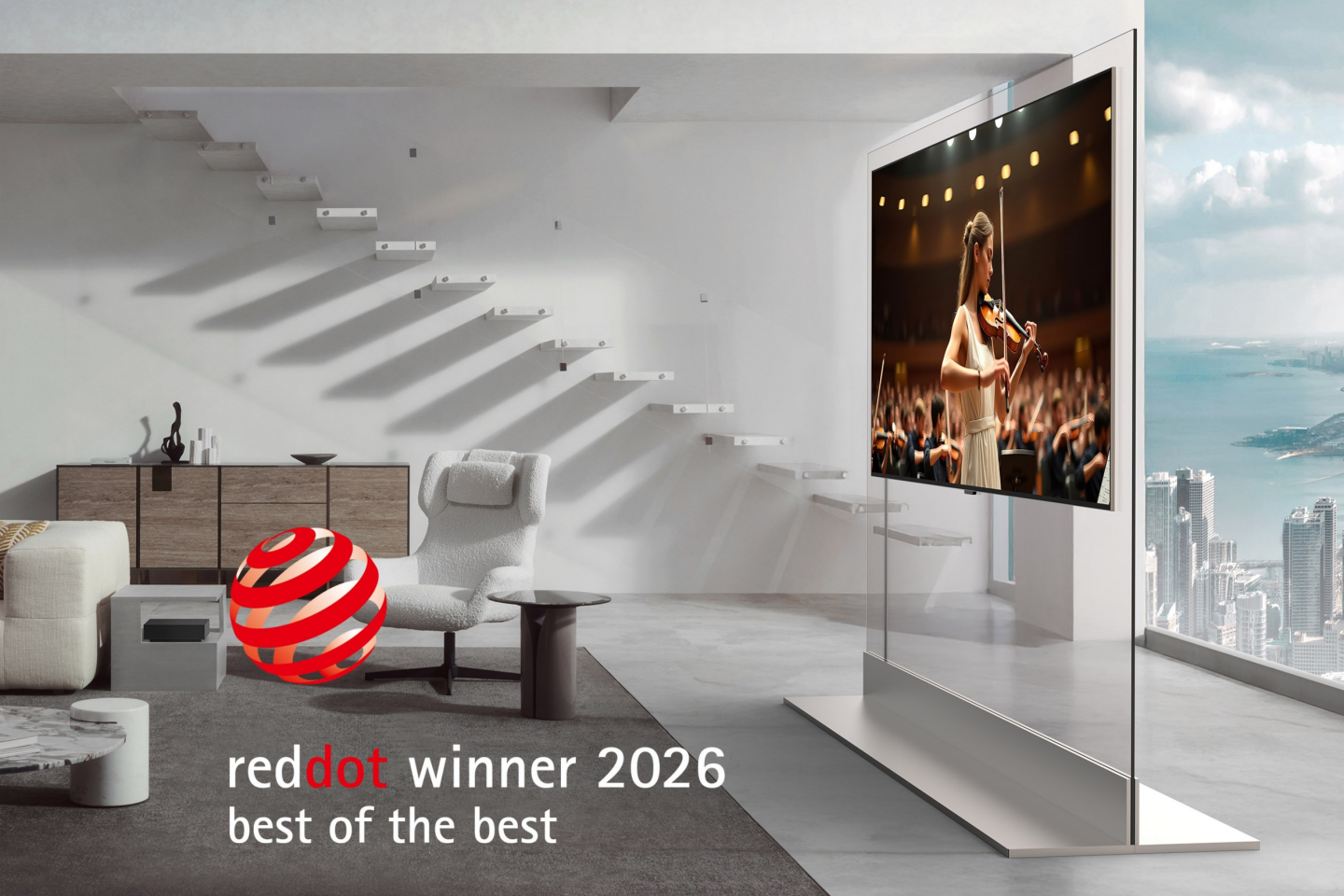 An LG OLED evo W6 Wallpaper TV displaying a violin performance is attached to a transparent stand, with a "Red Dot Winner 2026 Best of the Best" graphic in the corner.