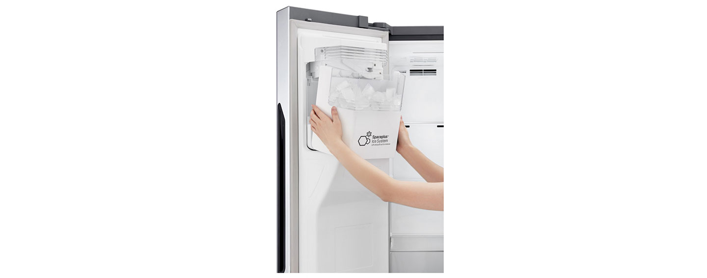 A close-up view of showing LG’s patented door-ice making refrigerator technology.