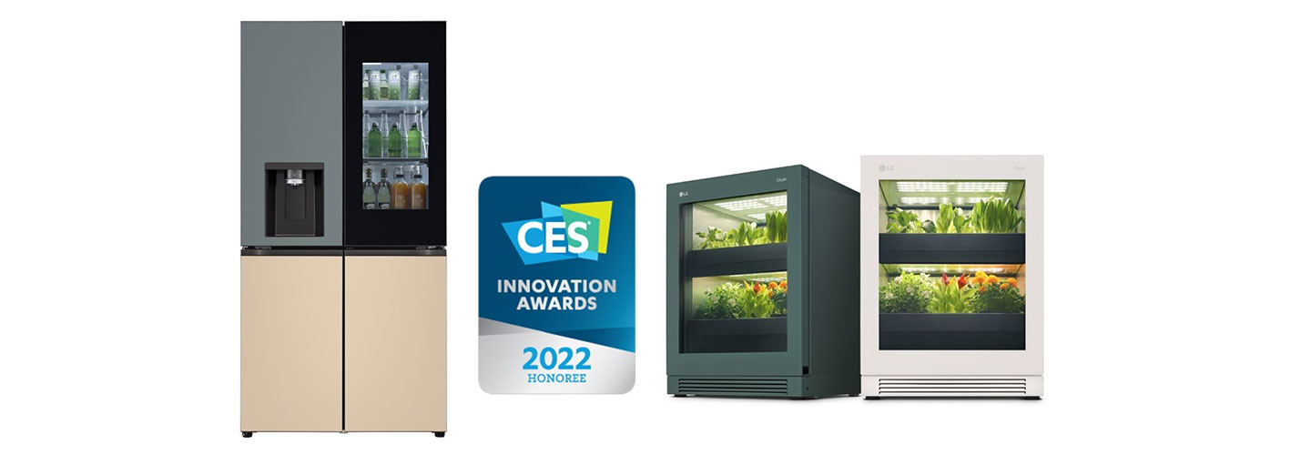 CES 2022 Innovation Awards Honoree logo placed between LG InstaView French-Door Refrigerator and LG tiiun