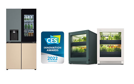 CES 2022 Innovation Awards Honoree logo placed between LG InstaView French-Door Refrigerator and LG tiiun
