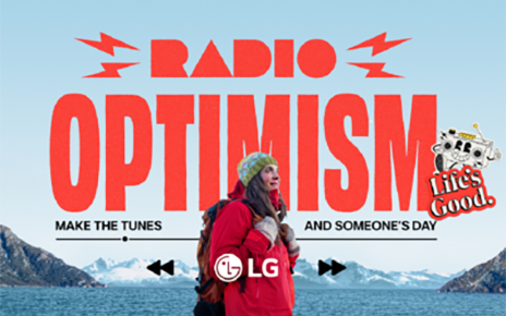 A photo of woman in front of campaign slogan 'Radio Optimism'