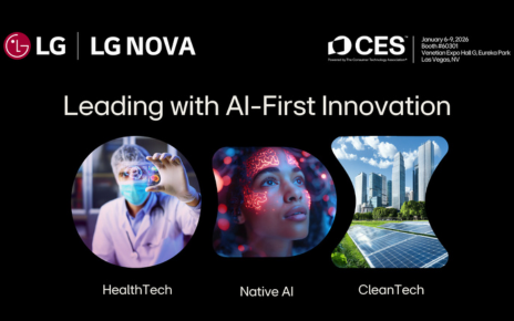 An LG NOVA CES 2026 graphic features the message “Leading with AI-First Innovation,” with three images representing HealthTech, Native AI and CleanTech against a black background.