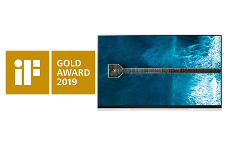 Logo of iF Gold Award and the LG OLED TV E9 image.