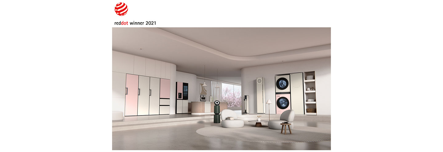  LG's collection of Red Dot Award-winning home appliances including its air conditioner, Styler, refrigerator and more are displayed in a modern, spacious living room to give the space a greater sense of style.