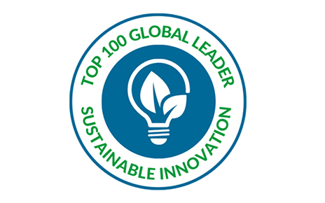 A logo in a shape of circle with an illustration of a lightbulb in the center and the phrases 