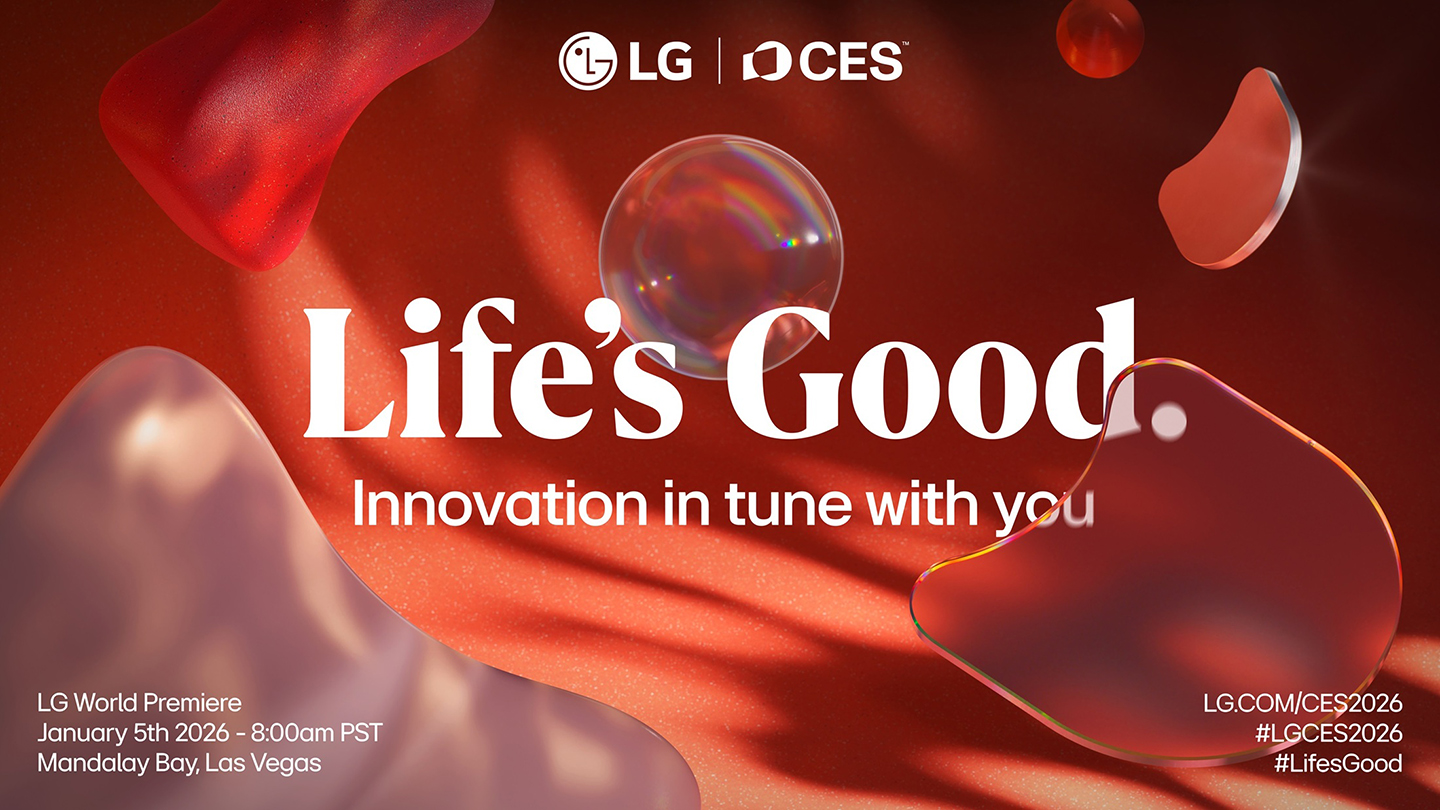LG’s CES 2026 promotional graphic displays the company’s brand message “Life’s Good” above the event slogan “Innovation in tune with you,” with shapes floating against a red abstract background. 