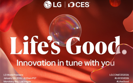 LG’s CES 2026 promotional graphic displays the company’s brand message “Life’s Good” above the event slogan “Innovation in tune with you,” with shapes floating against a red abstract background. 