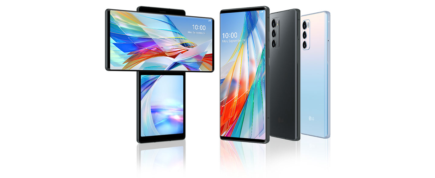 (From left) Front view of LG WING in Swivel Mode in Aurora Gray, as well as the front and rear view of LG WING in Basic Mode in Aurora Gray and Illusion Sky.