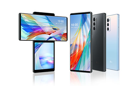 (From left) Front view of LG WING in Swivel Mode in Aurora Gray, as well as the front and rear view of LG WING in Basic Mode in Aurora Gray and Illusion Sky.