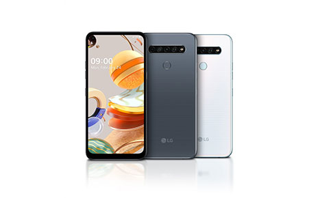 The front and rear view of the LG K61 in Titanium and White