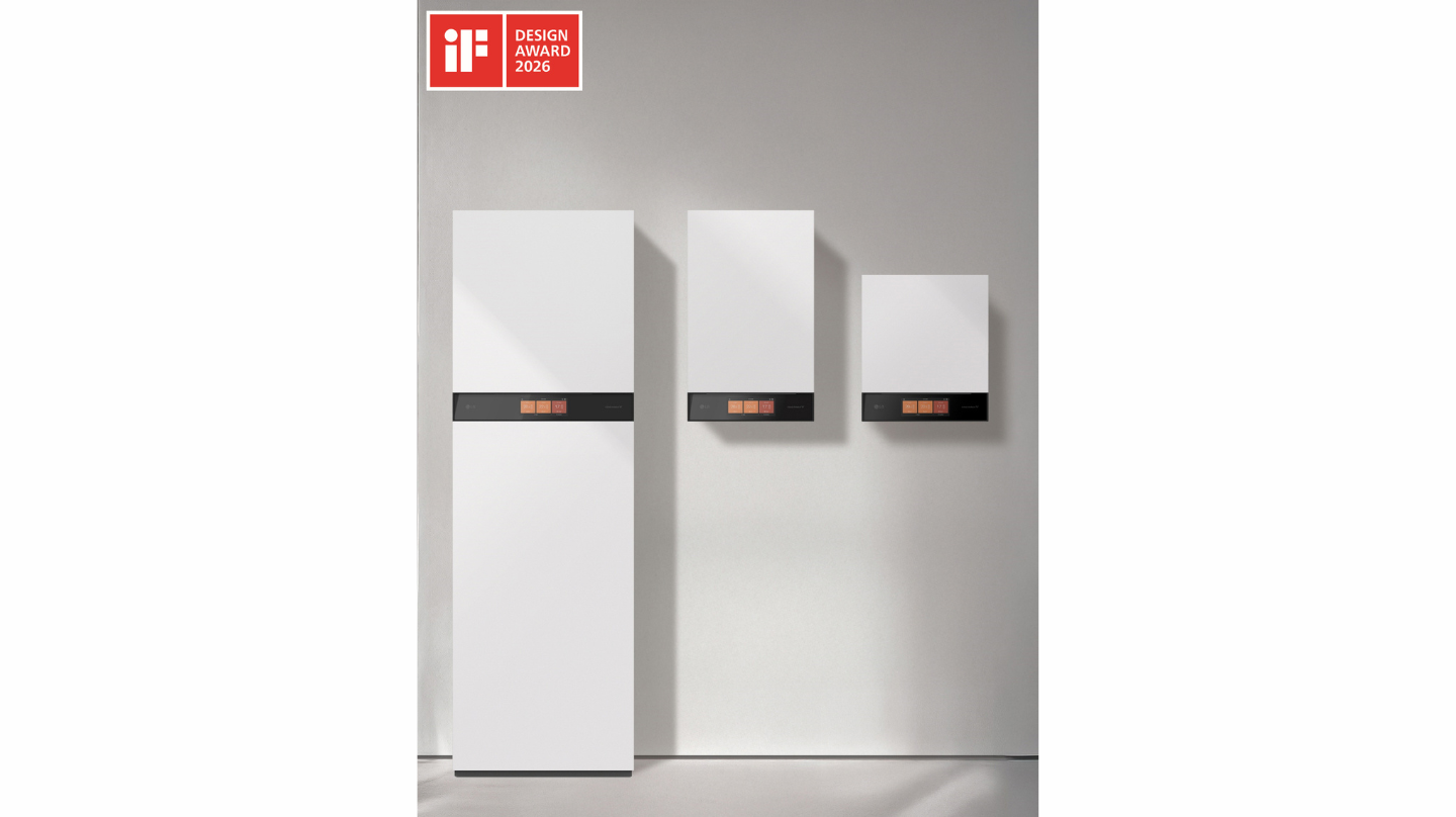 LG’s new Combi, Hydro and control units are displayed side by side against a gray background.