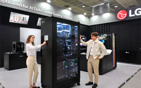 A photo of a man and woman showcasing LG’s Coolant Distribution Unit at DCW 2025