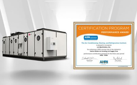A photo of LG Air Handling Unit (AHU) and its certification from Air-Conditioning, Heating & Refrigeration Institute (AHRI) Performance Award