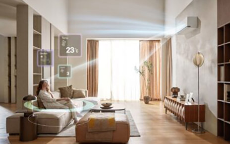 A photo of the new LG DUALCOOL AI Air set up in a living room