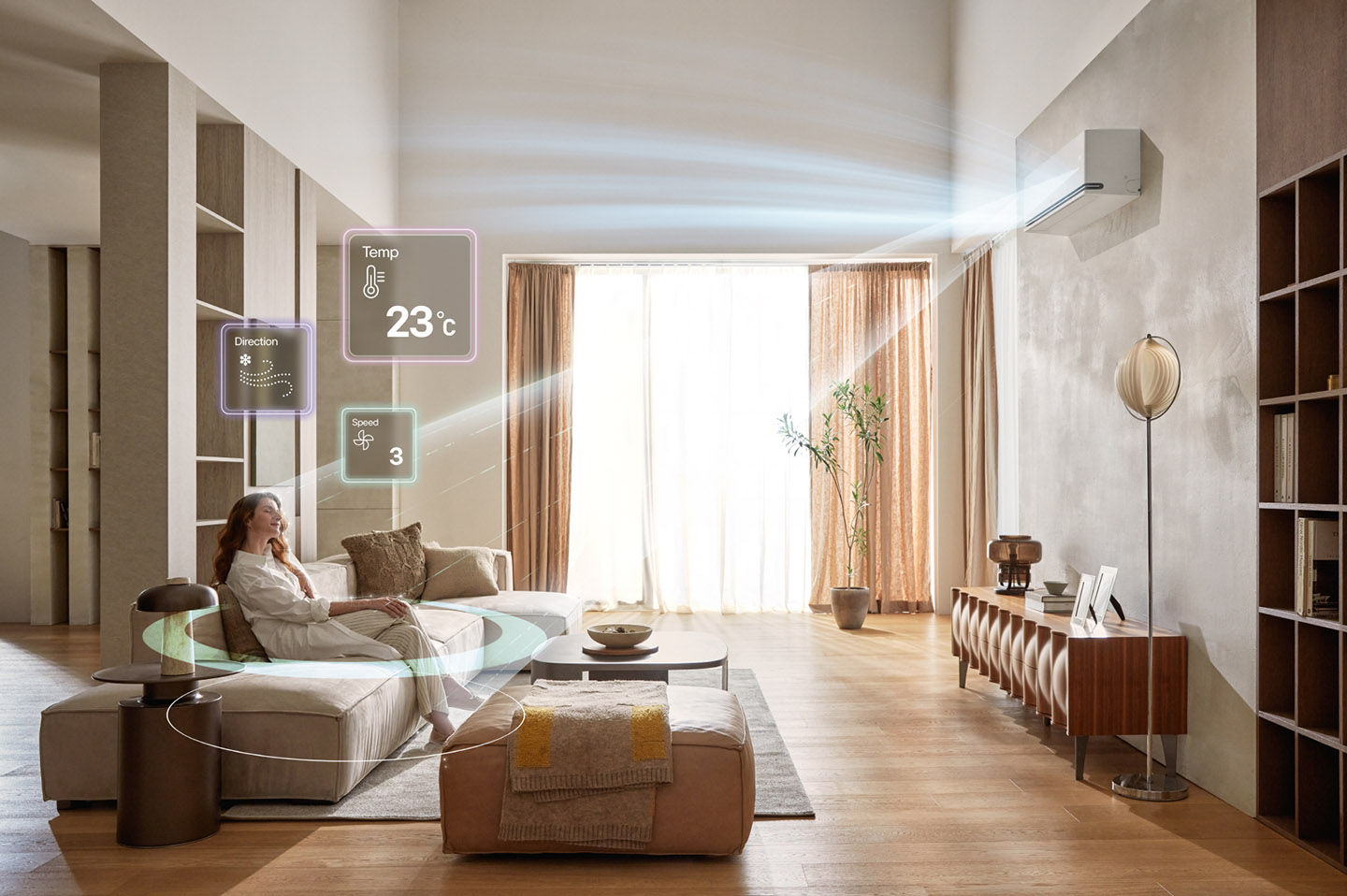 A photo of the new LG DUALCOOL AI Air set up in a living room
