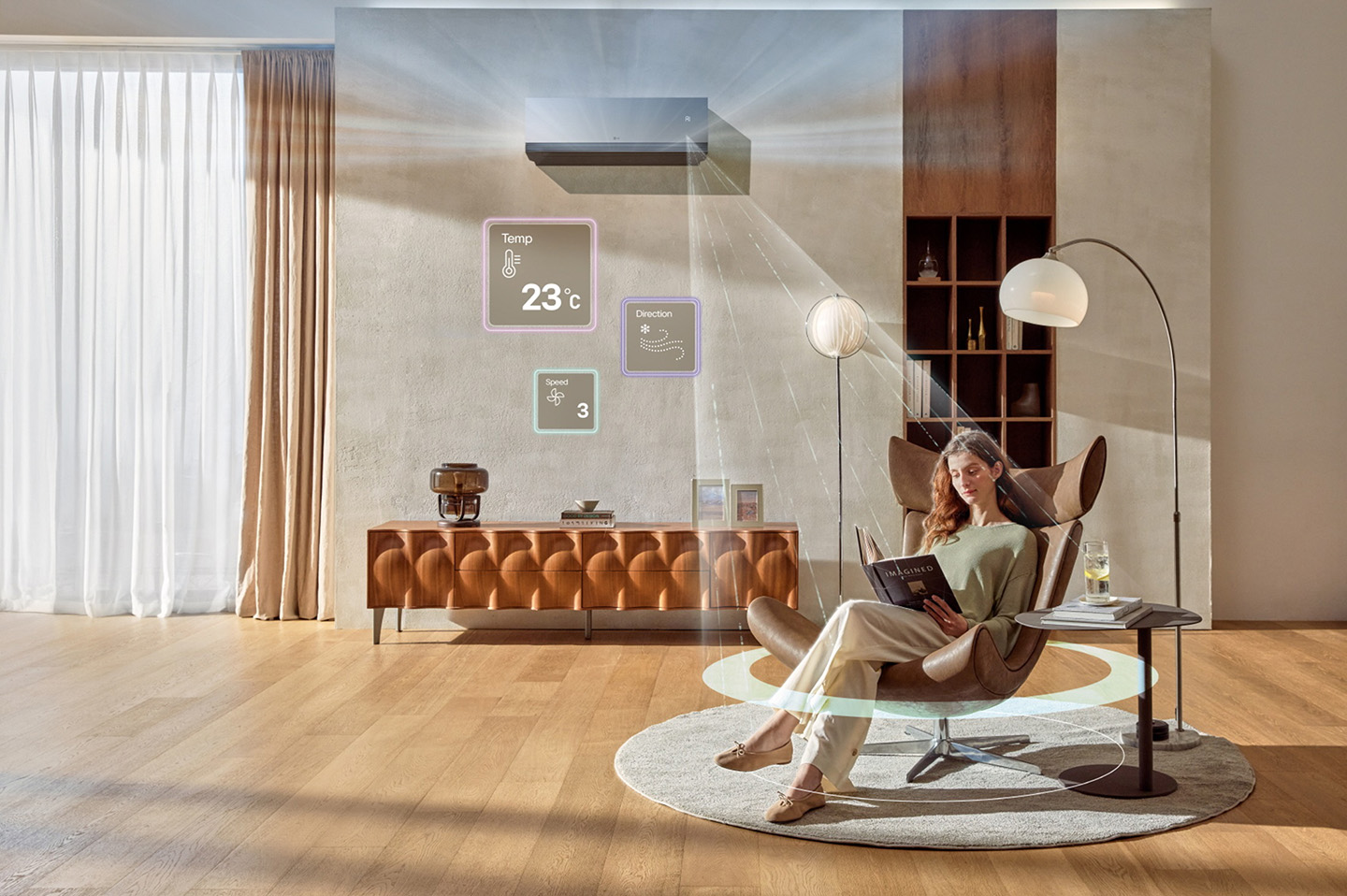 A photo of the LG ARTCOOL™ AI Air set up in a living room