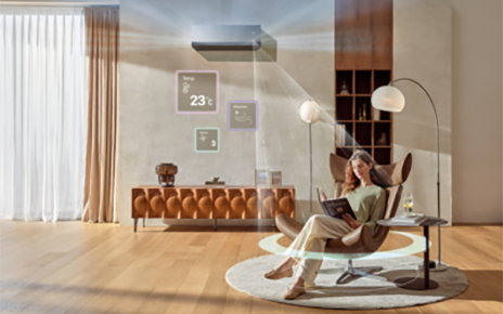 A photo of the LG ARTCOOL™ AI Air set up in a living room