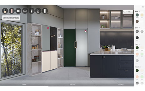 A picture of the virtual showroom to simulate selection of color and finish type of InstaView® and Fridge and Freezer pair from LG Furniture Concept Appliance