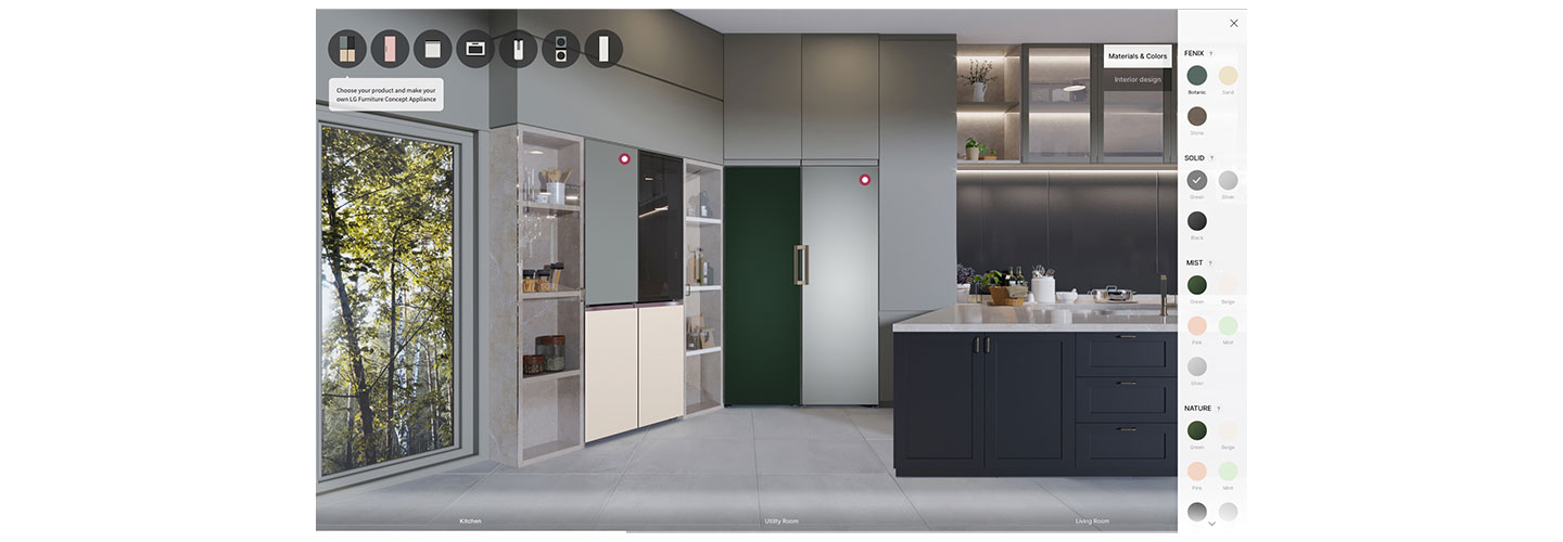 A picture of the virtual showroom to simulate selection of color and finish type of InstaView® and Fridge and Freezer pair from LG Furniture Concept Appliance