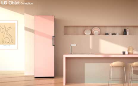 LG Objet Collection convertible fridge and freezer become point item with pink color in simple kitchen.