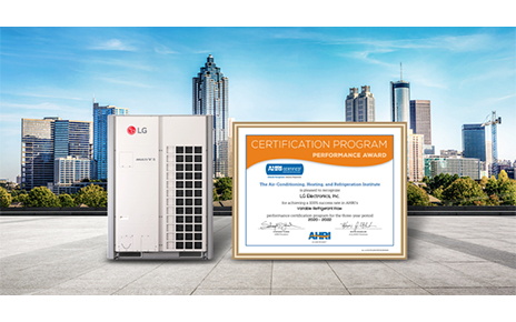 The picture of LG Multi V 5 and its certification from Air-Conditioning, Heating & Refrigeration Institute (AHRI) Performance Award.