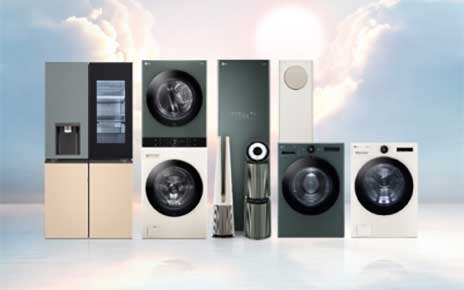 LG Upgradable appliances product line up including the InstaView refrigerator, WashTower washer and dryer set, PuriCare AeroTower air purifying fan, PuriCare air purifier, Tower air conditioner, Styler and AI DD washer and dryer