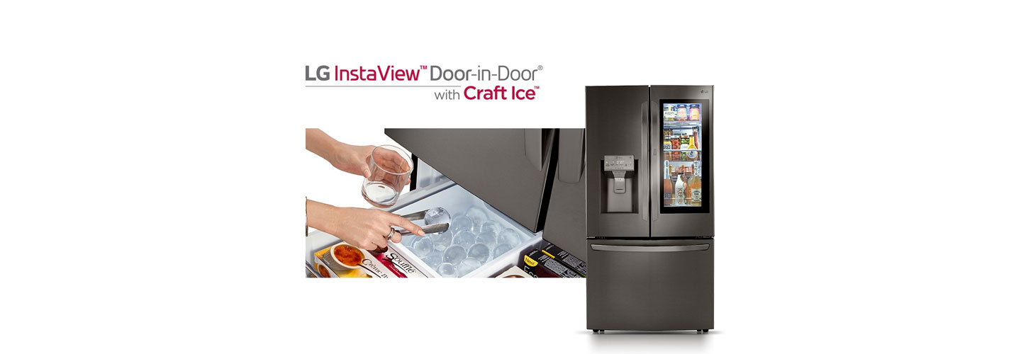 Front view of LG InstaView™ Door-in-Door® showing its inside through the InstaView becoming transparent with a close-up view of a user taking out Craft Ice™ from a drawer.