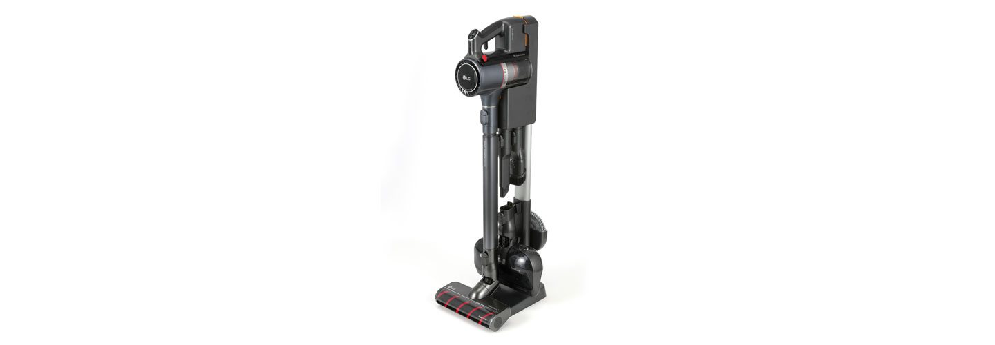 LG CordZeroThinQ A9 Stick Vacuum hooked up to its multi-type charging stand that provides space-efficient storage for the vacuum and its various nozzles and accessories.