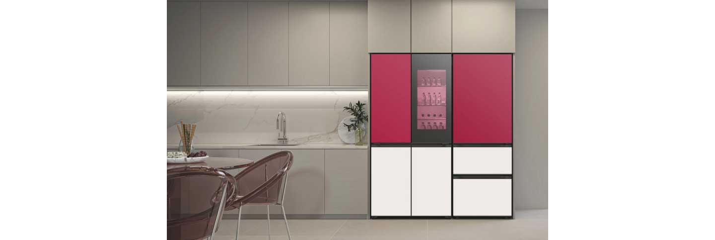 Front view of LG MoodUP InstaView™ refrigerator in Viva Magenta, the Pantone Color of the Year 2023